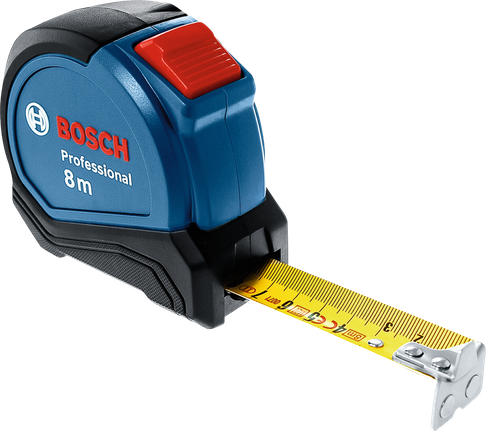 Μετροταινία Bosch 8 μέτρων με κίτρινη λάμα εκτεταμένη.